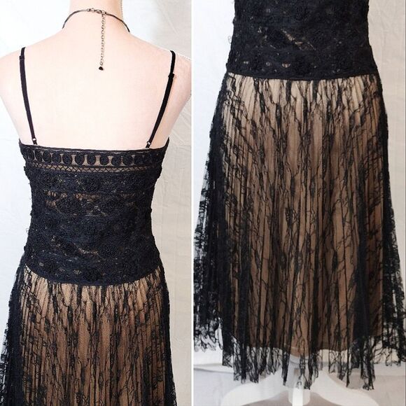 Sue Wong Y2K Black Gold Floral Crochet Lace Tank Midi Slip Dress Size 8 - Picture 14 of 17